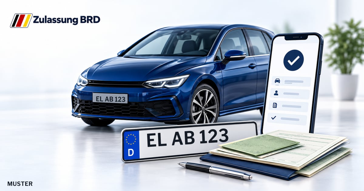 Online Fahrzeugzulassung in Haren (Ems): Musterkennzeichen EL AB 123, Auto und Fahrzeugpapiere und Smartphone. Illustration mit Logo von Zulassung BRD.